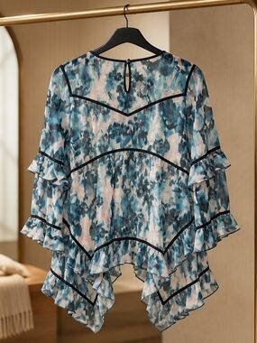 Bar III Blue and Pink Ruffle-Sleeve Sheer Blouse